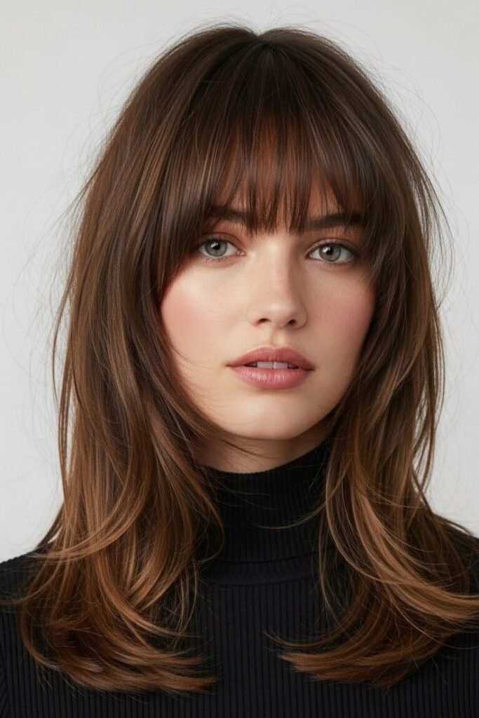 6. Medium-Length Shag Cut with Wispy Straight-Across Bangs