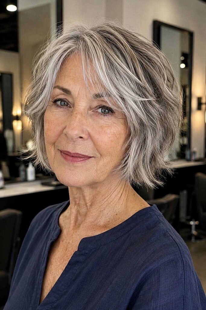 6. Short Salt-and-Pepper Layered Bob with Wispy Bangs