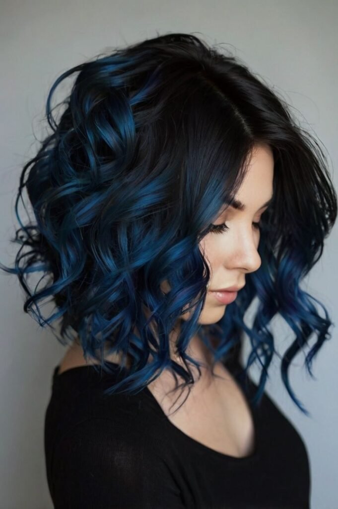 6. (Shoulder-Length Wavy Brown Hair with Dark Indigo Blue Balayage)