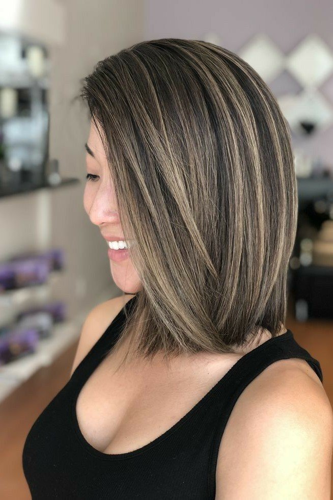 6. Smooth Straight Lob with Fine Brunette and Blonde Weaves