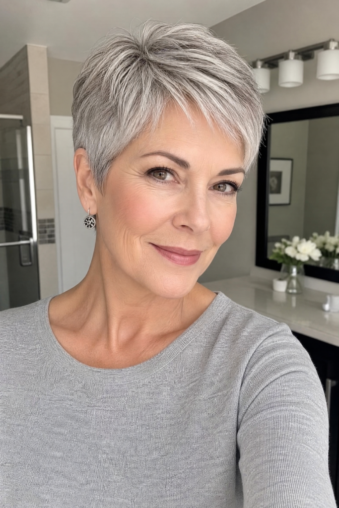 6. Soft Feathered Silver Pixie Cut with Wispy Bangs