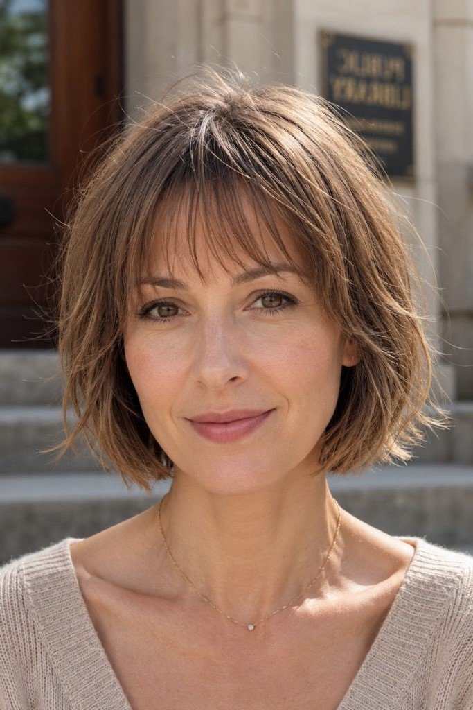 6. Soft Layered Bob with Piecey Wispy Bangs