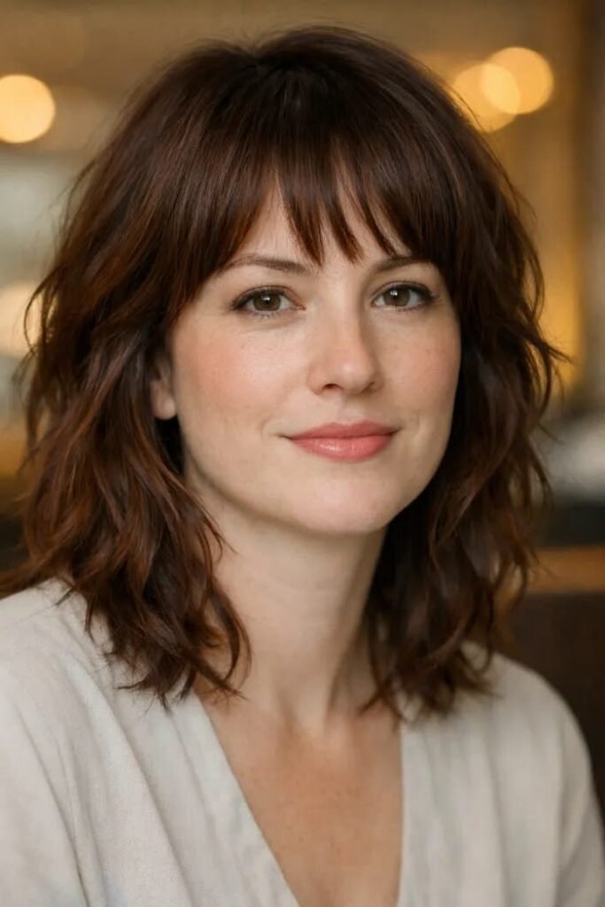 6. Soft Wavy Medium Shag Cut with Fringe Bangs