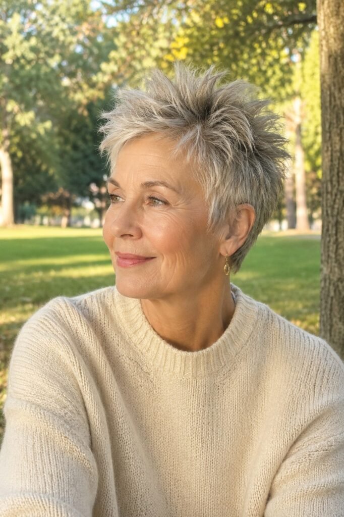 6. Tousled Silver Pixie with Voluminous Crown