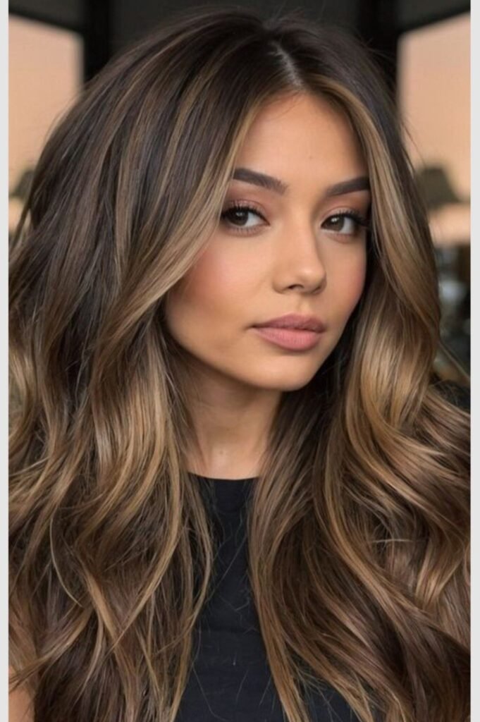 6. Voluminous Dark Brown Layered Hair with Honey Blonde Highlights