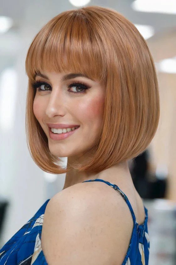6. Warm Amber Rounded Classic Bob with Blunt Fringe