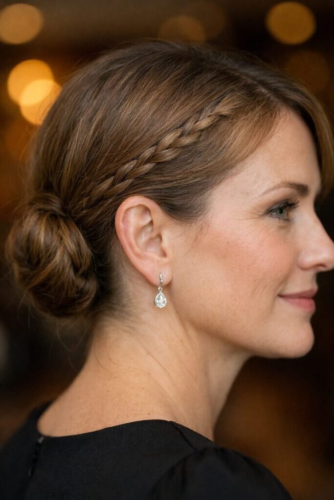 7. Braided Low Chignon with Side Twist Detail