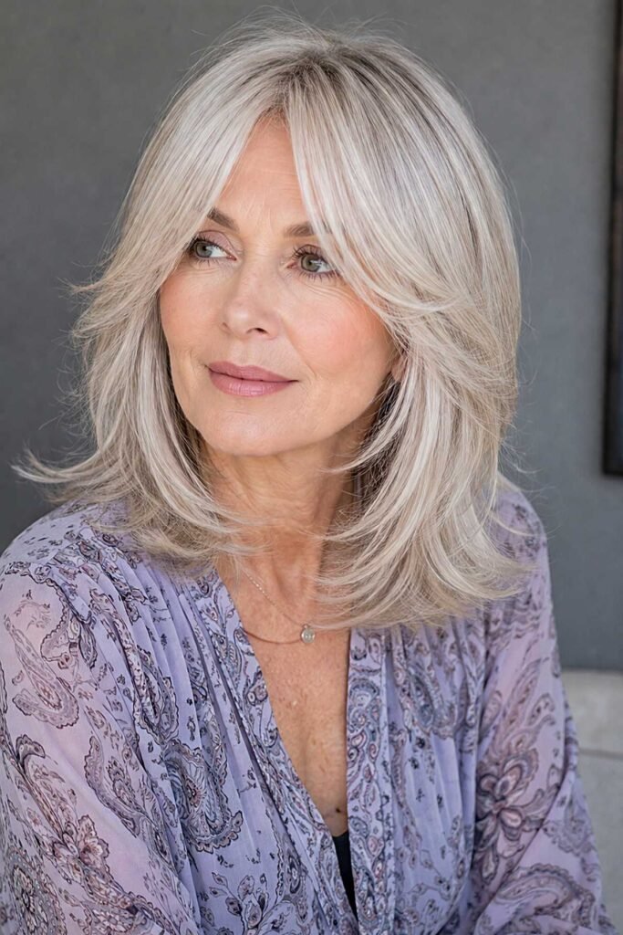 7. Bright Platinum Fine Layered Lob with Face Framing