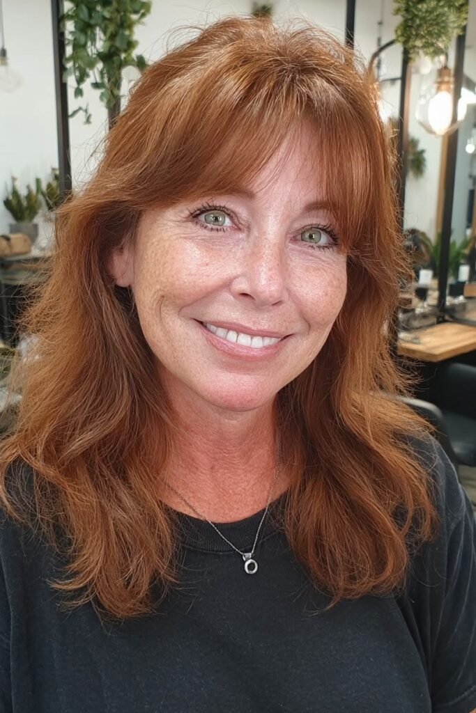 7. Copper Red Layered Shag Haircut with Curtain Bangs