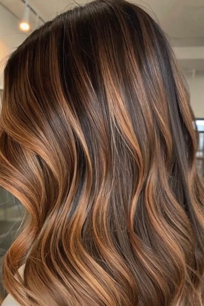7. Dimensional Warm Copper and Honey Highlights on Dark Brunette Base