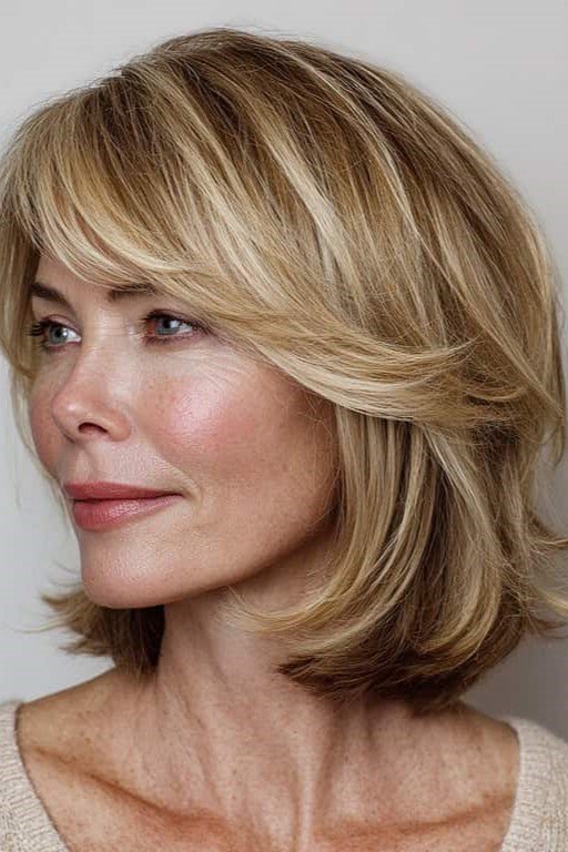 7. Layered Honey Blonde Hair with Swept Side Bangs