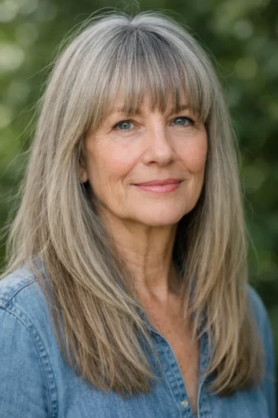 7. Long Silver Straight Hair with Full Fringe Bangs