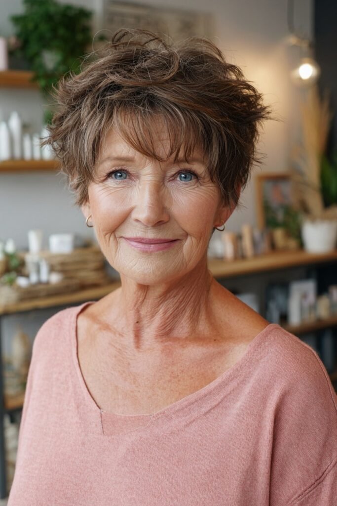 7. Messy Textured Brown Pixie Cut with Forward Fringe