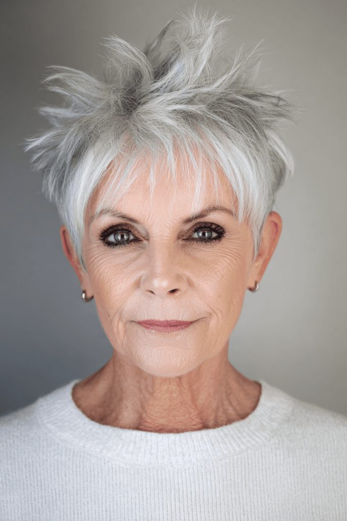 7. Platinum Silver Pixie with Piecey Bangs and Spiky Top