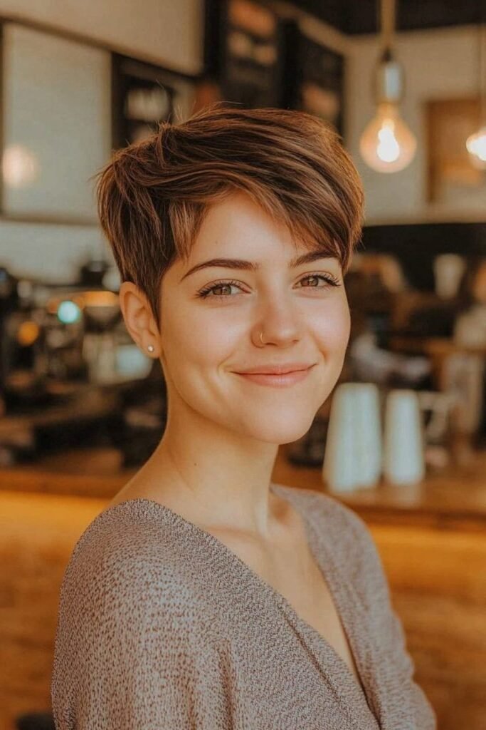 7. Short Brunette Pixie Cut with Soft Swept Layers