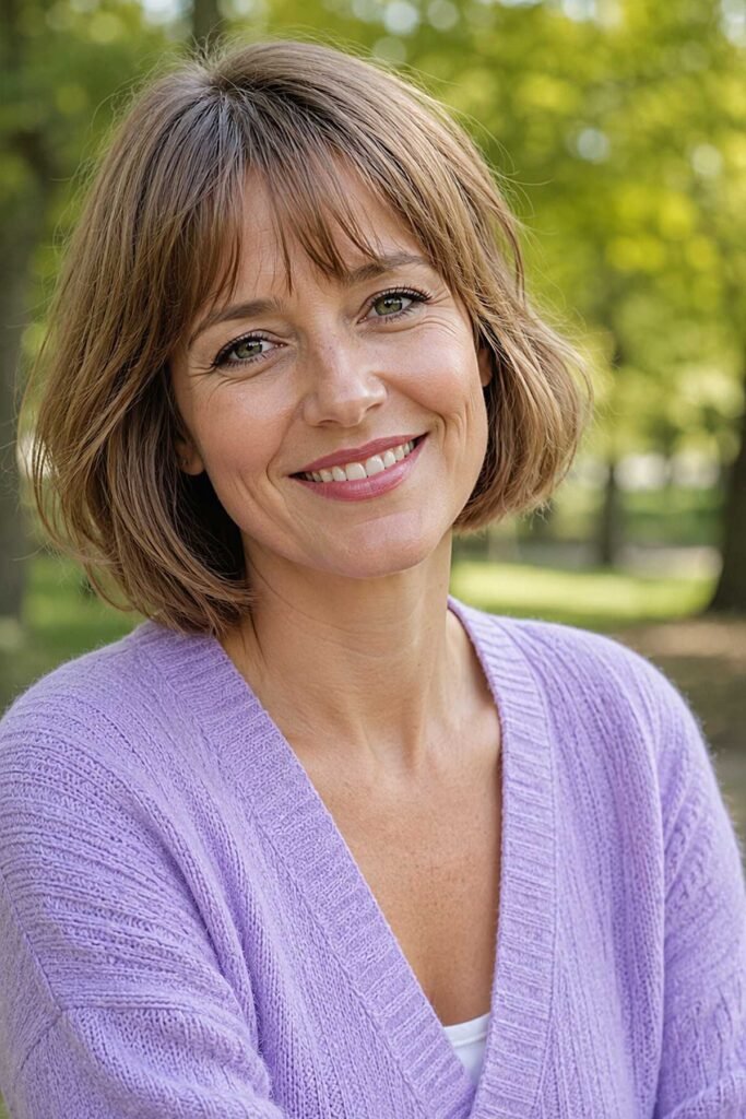 7. Soft Caramel Layered Short Bob with Light Wispy Fringe