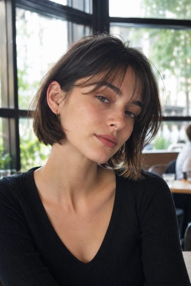 7. Straight Chin-Length French Bob with Light Wispy Bangs