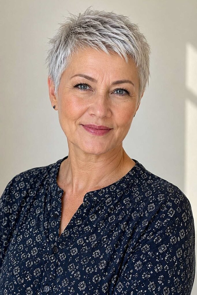 7. Textured Spiky Silver Pixie Cut with Micro Fringe