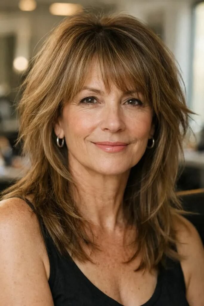7. Textured Warm Chestnut Shag Cut with Airy Curtain Fringe