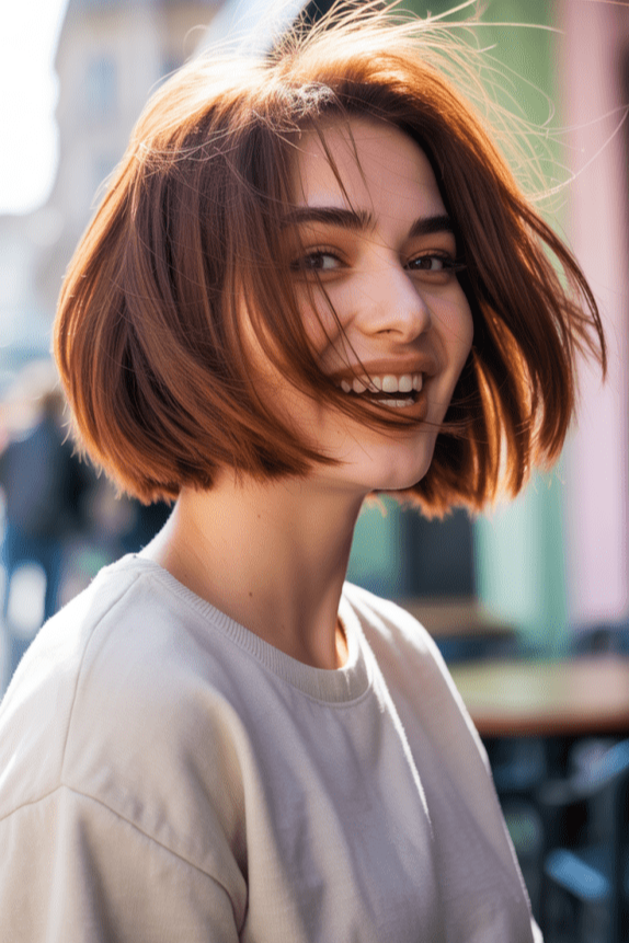 7. Tousled Auburn Bob with Breezy Strands