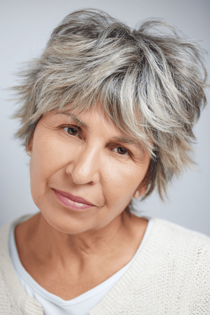 7. Voluminous Salt-and-Pepper Shag Crop with Choppy Layers
