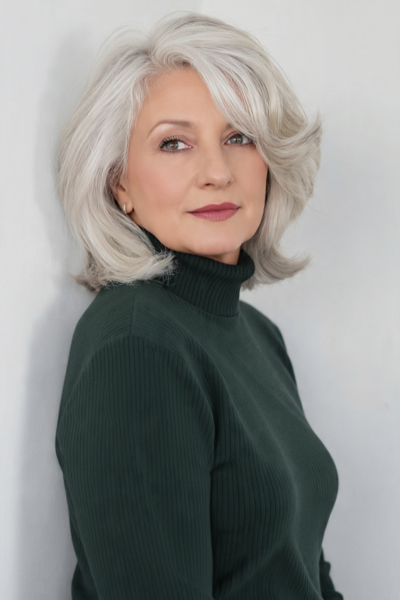 7. Voluminous Silver Blowout Bob with Side Part