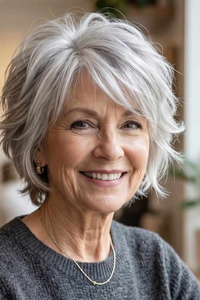 7. Voluminous Silver Pixie Bob with Side-Swept Layers