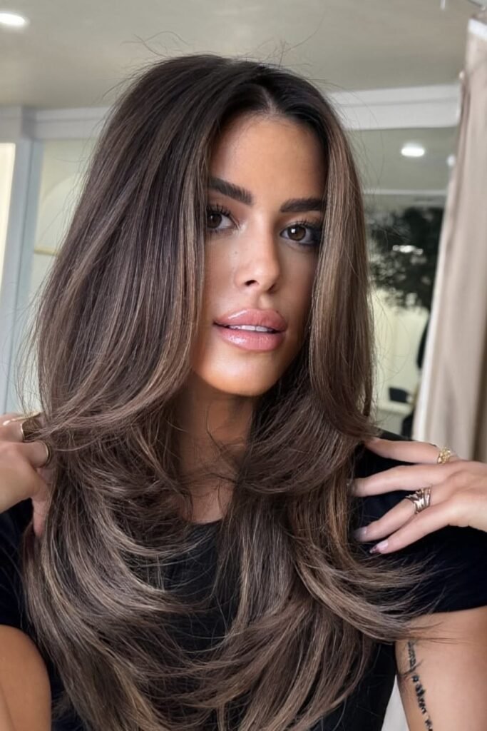 7. Warm Brown Hair with Soft Beige Brunette Tone-on-Tone Balayage Face-Framing Layers