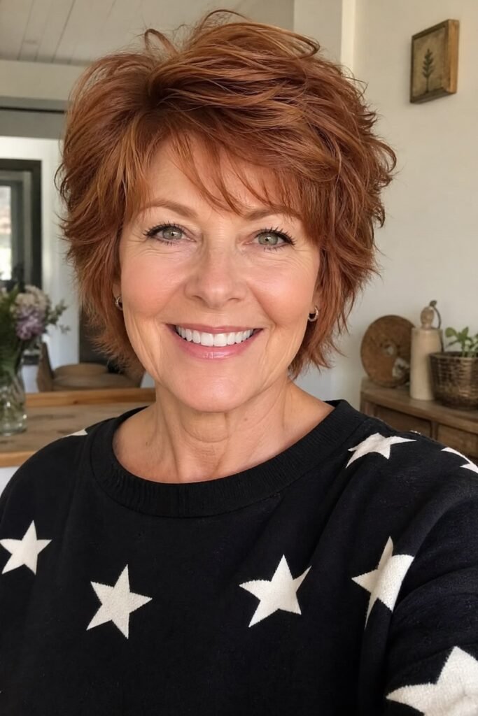 7. Warm Copper Shaggy Cut with Wispy Bangs