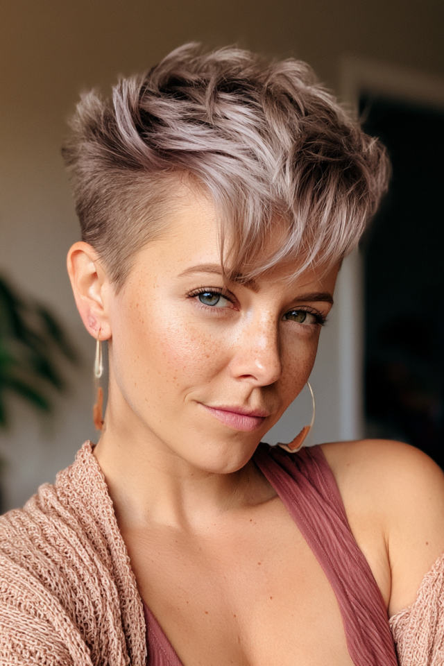 8. Ash Blonde Pixie Cut with Forward Layered Fringe and Tapered Sides