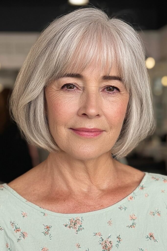 8. Classic Rounded Silver Bob with Wispy Bangs