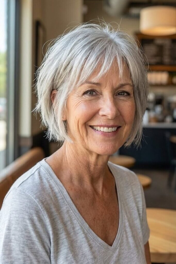 8. Classic Silver Bob with Wispy Wispy Bangs