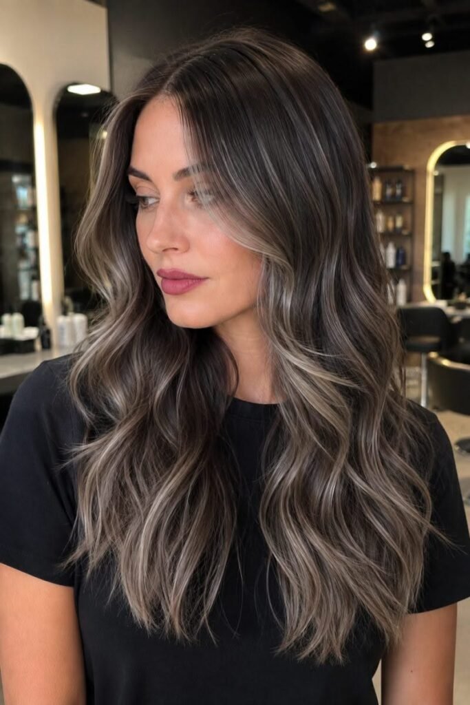 8. Cool Ash Brunette Hair with Soft Silver-Brown Tone-on-Tone Balayage Loose Waves