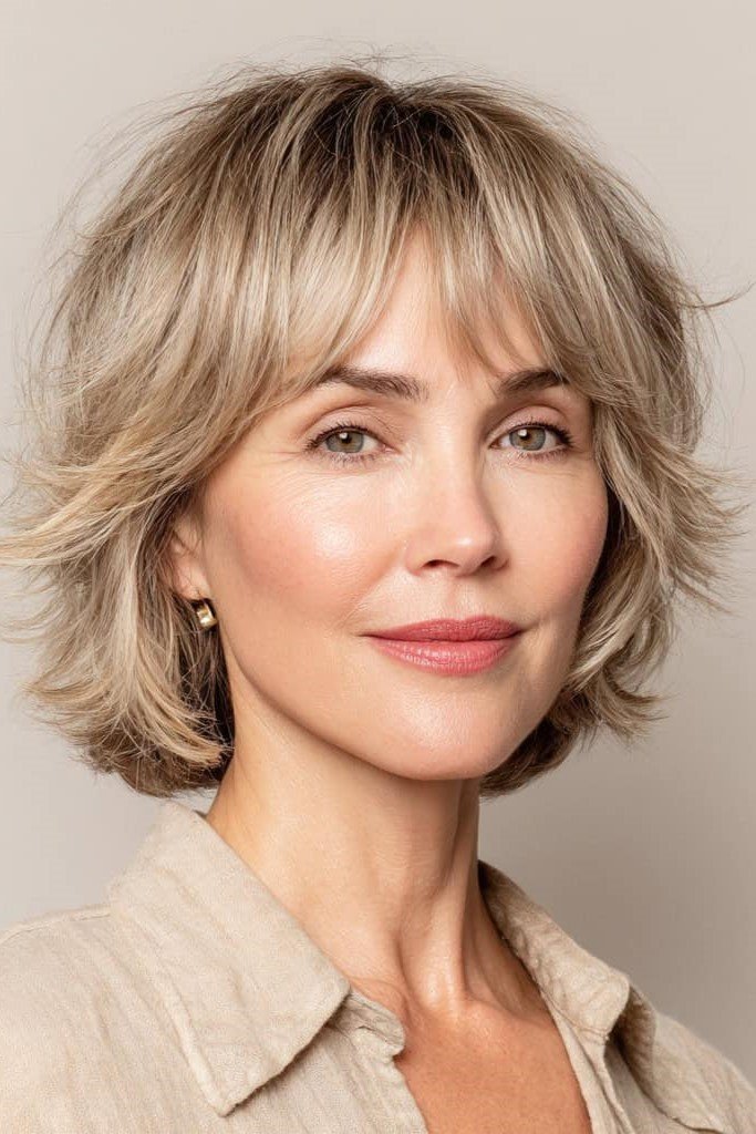 8. Feathered Layered Bob with Wispy Fringe