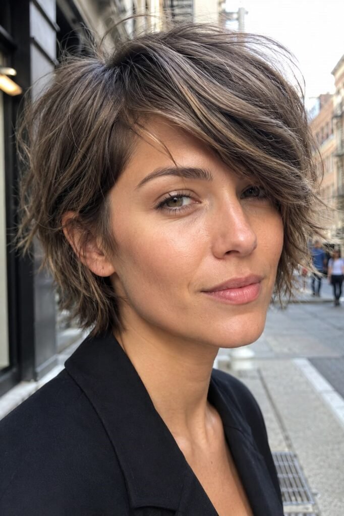 8. Layered Ash Brown Shag Cut with Swept Side Fringe