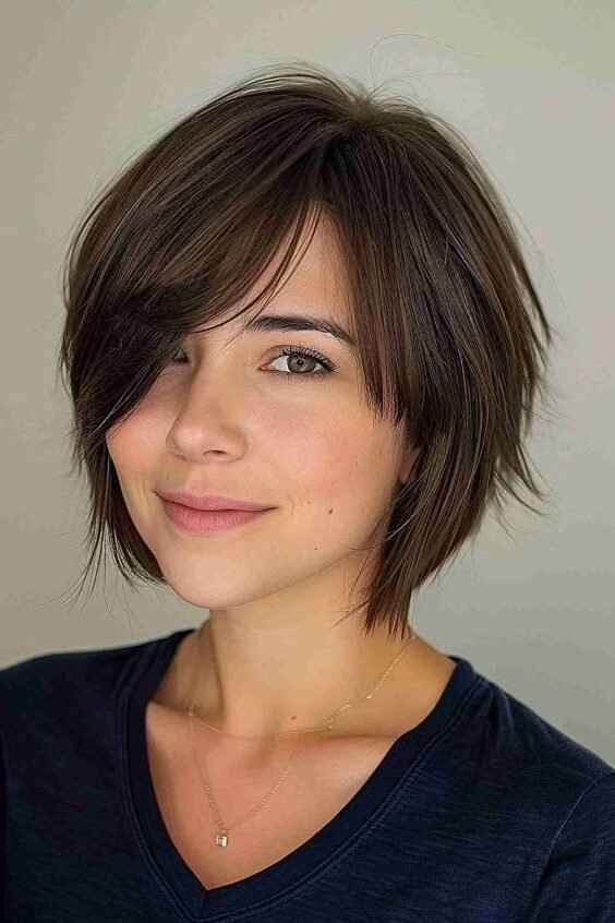 8. Layered Dark Brown Bob with Side-Swept Fringe