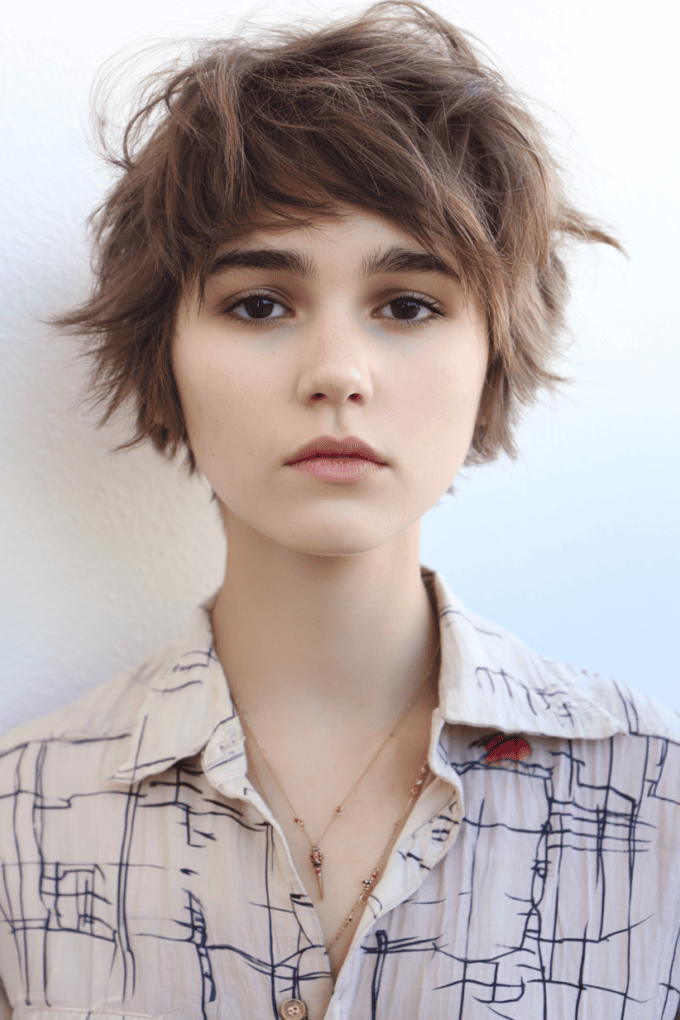 8. Messy Brunette Bixie Cut with Soft Full Fringe