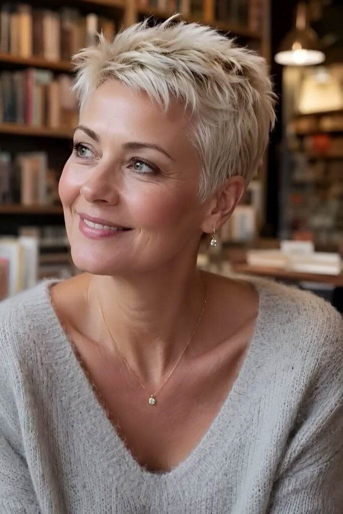 8. Platinum Blonde Pixie Cut with Crown Texture