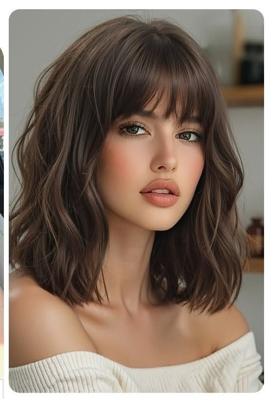 8. Shoulder-Length Wavy Lob with Soft Feathered Bangs