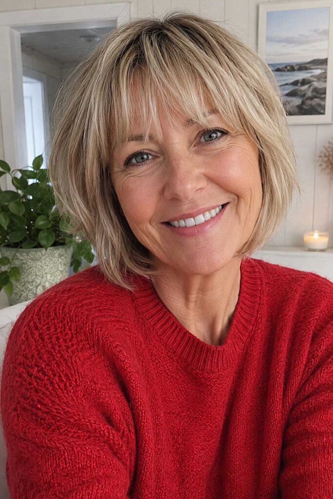 8. Soft Layered Blonde Bob with Fringe