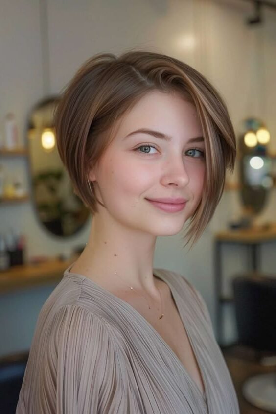 8. Soft Light Brown Inverted Bob with Side Swept Layers