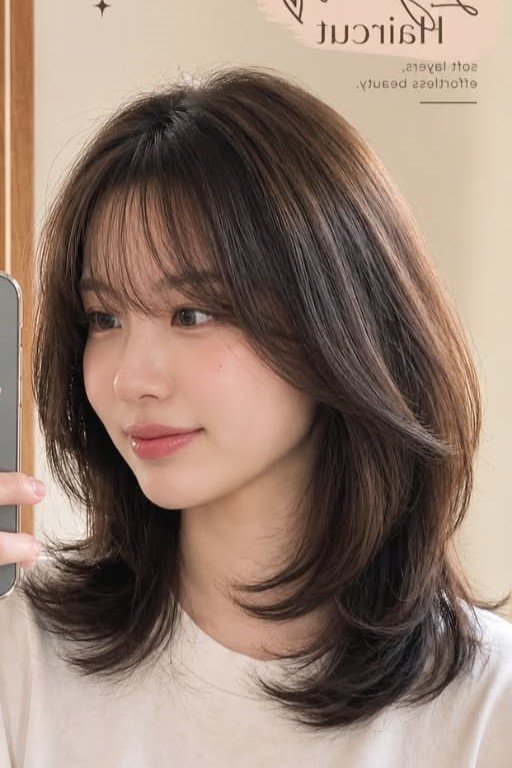 8. Soft Shoulder-Length Layered Cut with Wispy Bangs