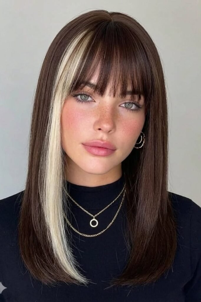 8. Straight Dark Brunette Hair with Full Bangs and Platinum Money Piece