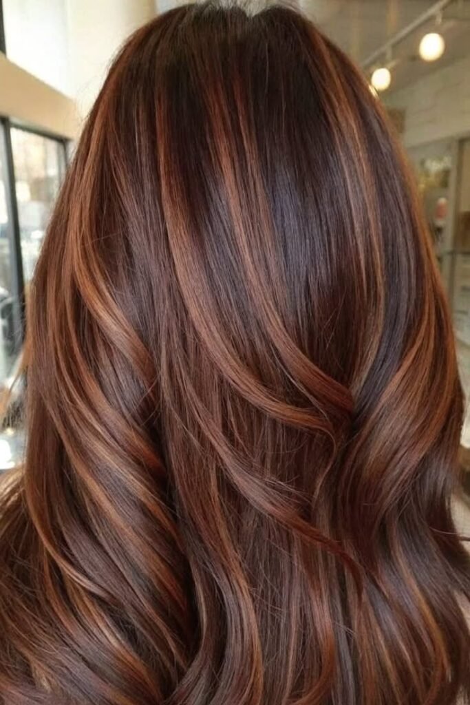 8. Subtle Auburn Copper Balayage on Soft Medium Waves
