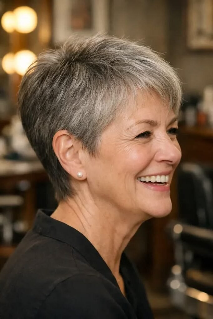 8. Tapered Salt-and-Pepper Pixie with Neat Side Burn