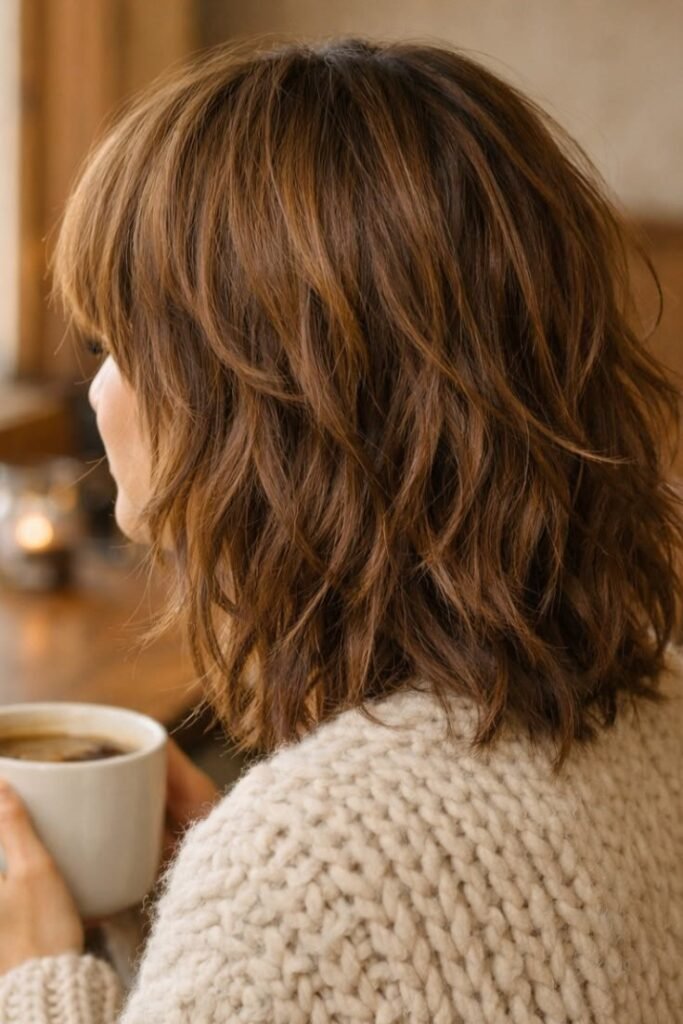 8. Textured Brunette Shag with Choppy Layers and Bangs