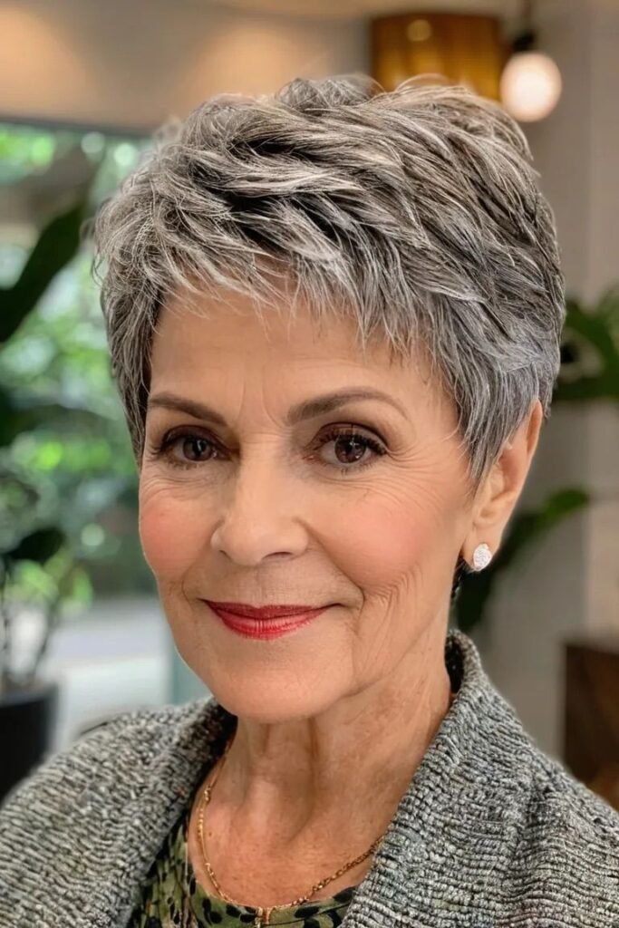 8. Textured Salt-and-Pepper Pixie Cut with Forward-Swept Fringe