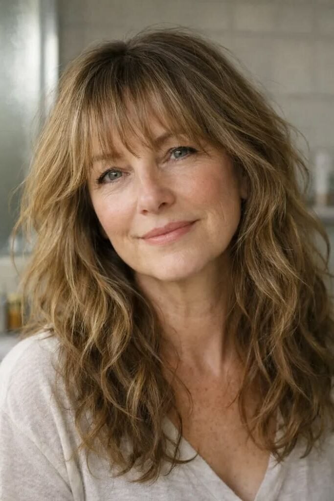 8. Wavy Golden Blonde Long Layers with Casual Wispy Bangs