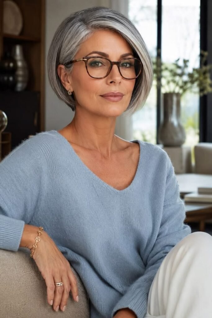 9. Chic Grey Rounded Bob with Side-Swept Fringe