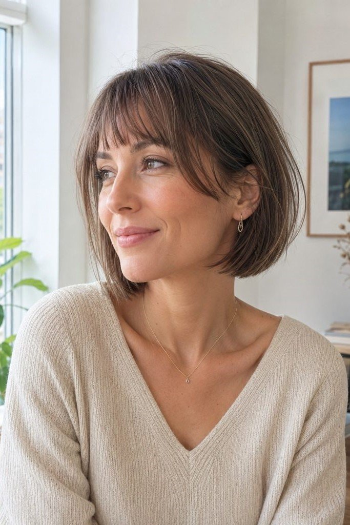 9. Classic Chin-Length French Bob with Soft Fringe Bangs
